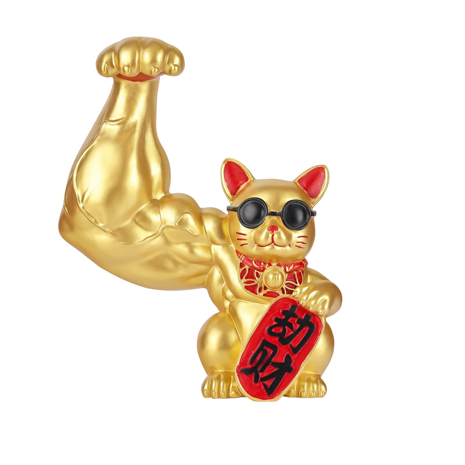 suruim Muscle Arm Lucky Fortune Cat Figurine Golden Resin Crafts Living Room Cute Animal Statue Sculpture Home Decor Gift (9.1in-Gold)