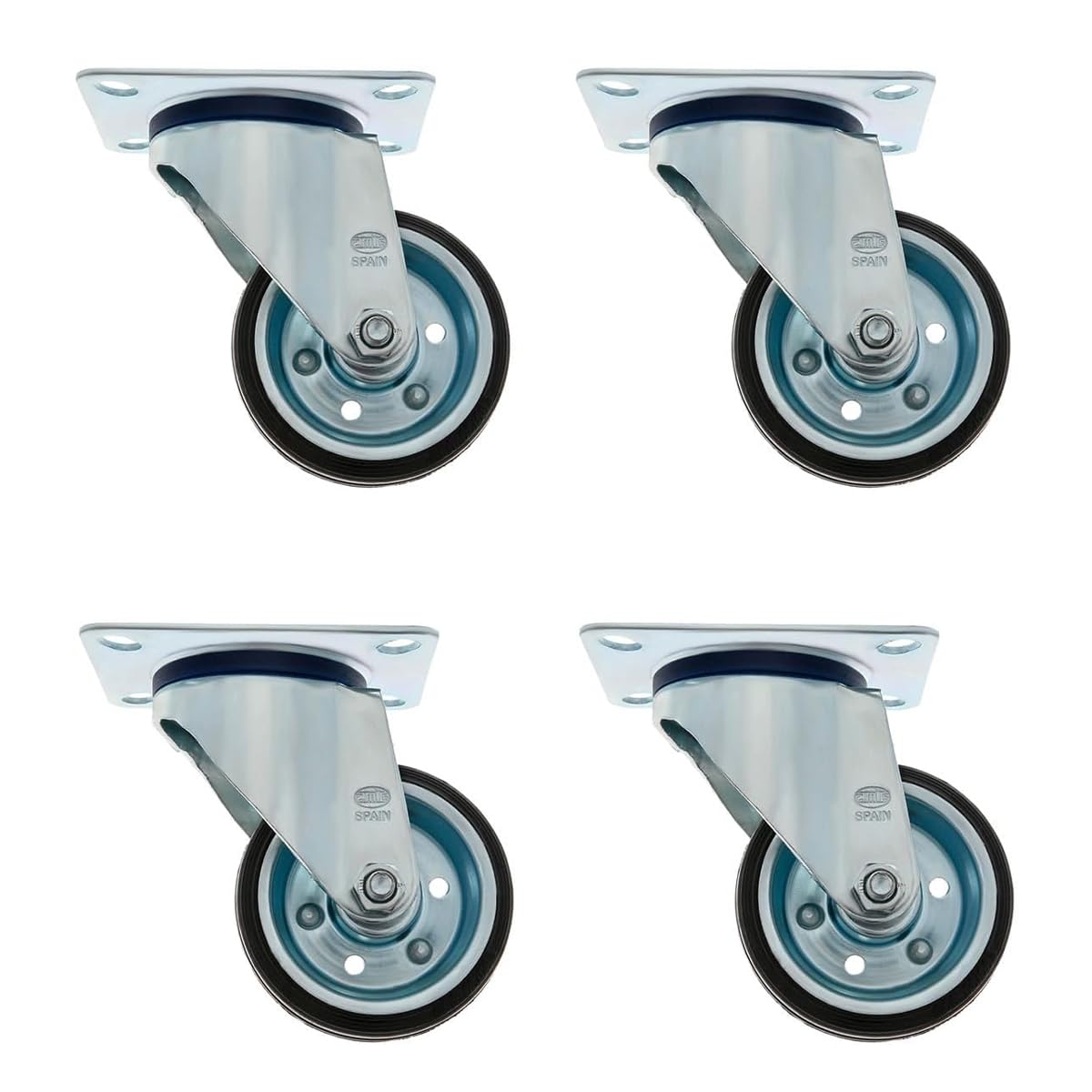 Amig - Set di 4 Ruote per Mobili - Ø 100 mm - Portata Massima per Ruota 90 kg - Piastra in Acciaio - Realizzate in Gomma - Senza Freno - Ideali per Spostare Attrezzature Industriali e Mobili Pesanti