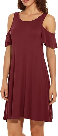 Women Summer Dress Cold Shoulder T-Shirt Loose Swing Casual Dress