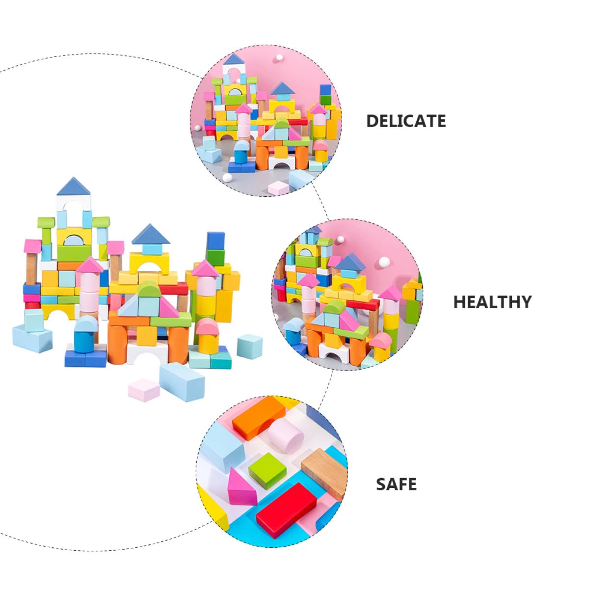 Toyvian Blocchi di Costruzione in Legno 100 Pezzi per Bambini Forme Geometriche, Superficie Levigata e Bordi Arrotondati, Giocattolo Educativo per Gioco e Apprendimento