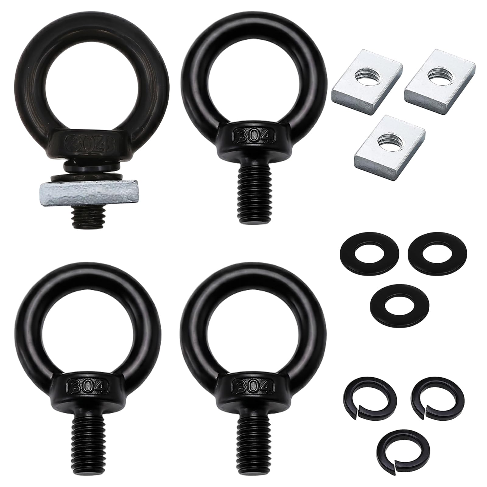 4 Pack M8 Eye Bolts, Stainless Steel Lifting Eye Bolts Heavy Duty with Washer and T Slot Nuts Tie Down Anchor Kit for Hanging Hammocks Articles (Black)