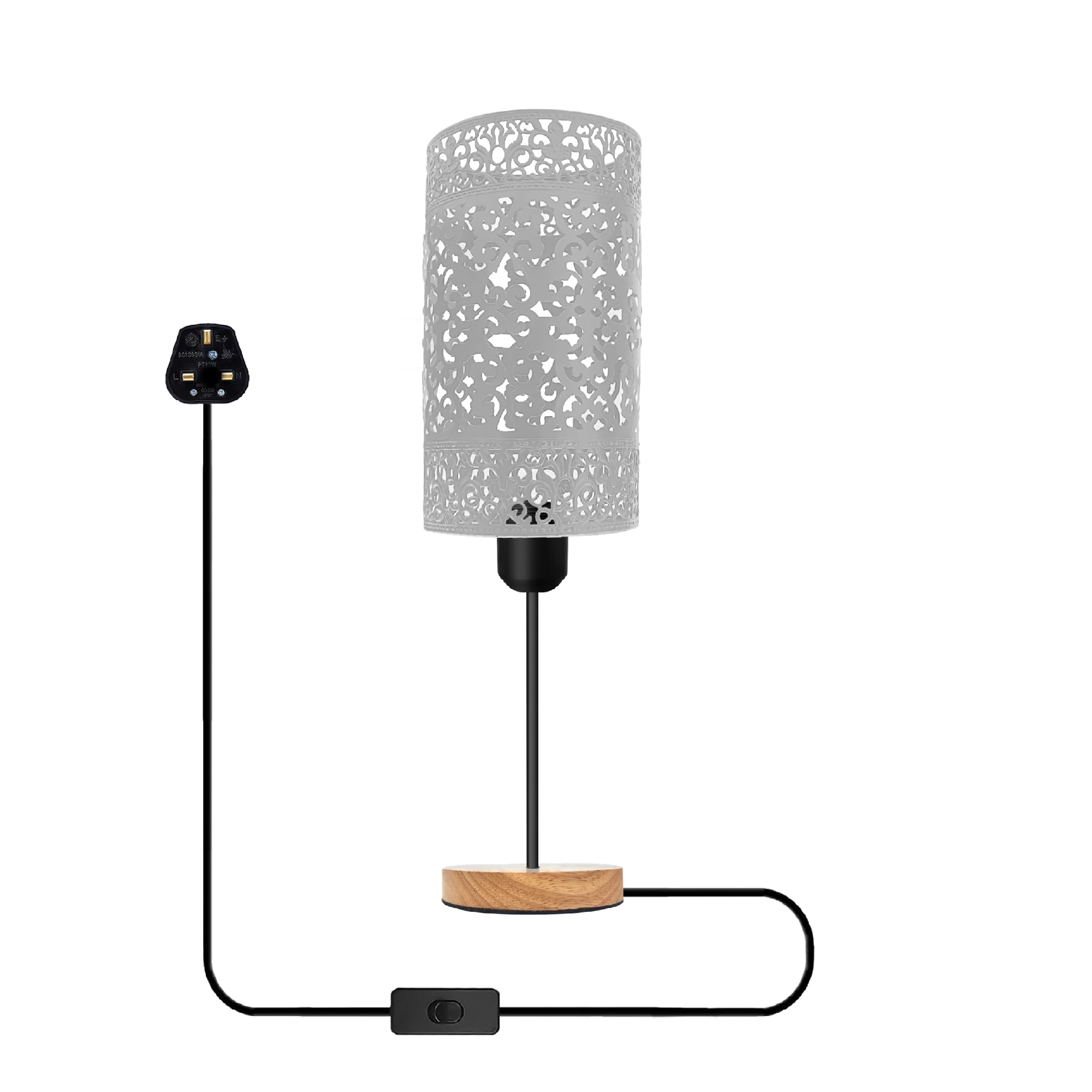 DC VOLTAGE Wooden Stand Bedside Table Lamp Night Wood Desk Metal Barrel Cage 3 Pin Plugin On/Off Switch Control Lamp
