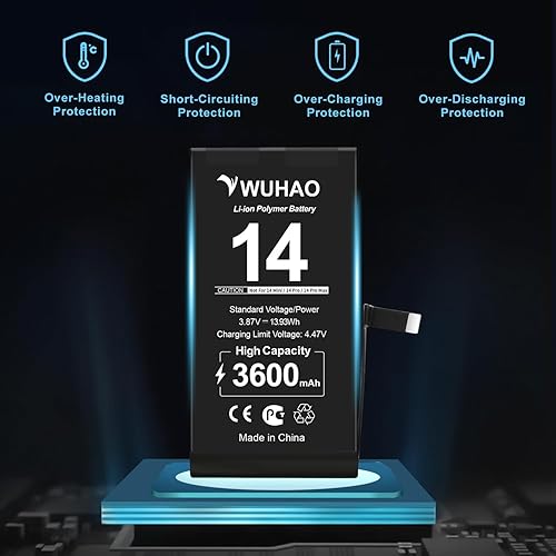 Miniatura 4 de WUHAO Batería de repuesto para iPhone 14, capacidad mejorada de 3600 mAh para 14 baterías A2882 A2649 A2881 A2884 A2883 con protector de lente de