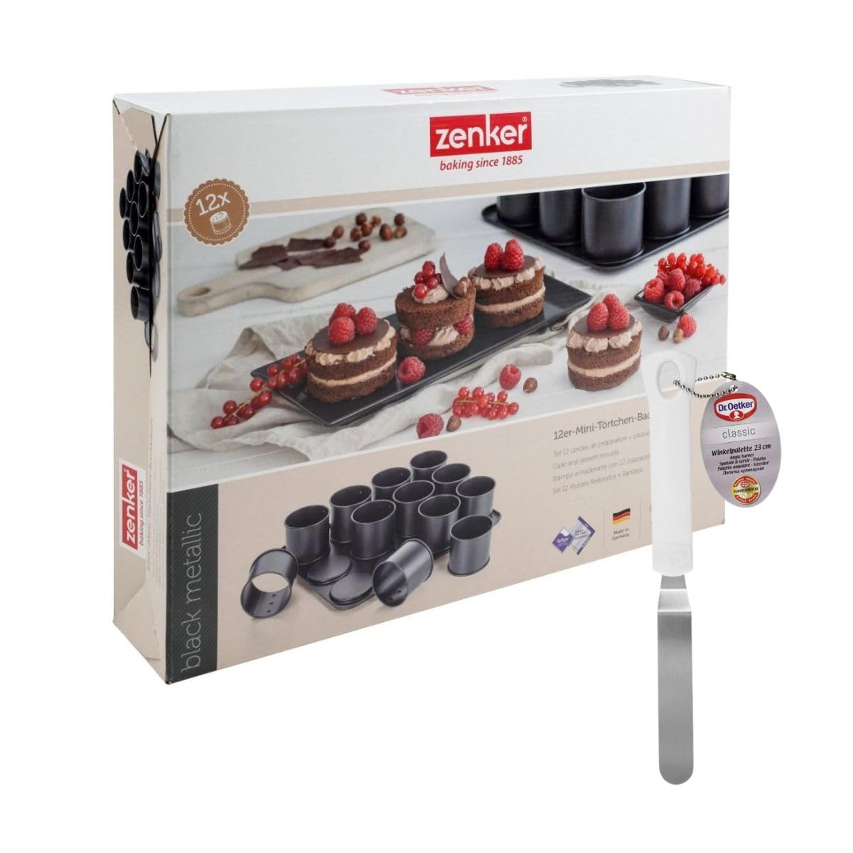 Zenker 9926850 Backblech mit 12 runden Mini-Backformen und Eisspatel, 12 Mini-Flanform mit Spatel, 12 kleine hohe Kuchenformen, Backblech, Stahl, Kunststoff, 38 x 30 cm und 23 cm