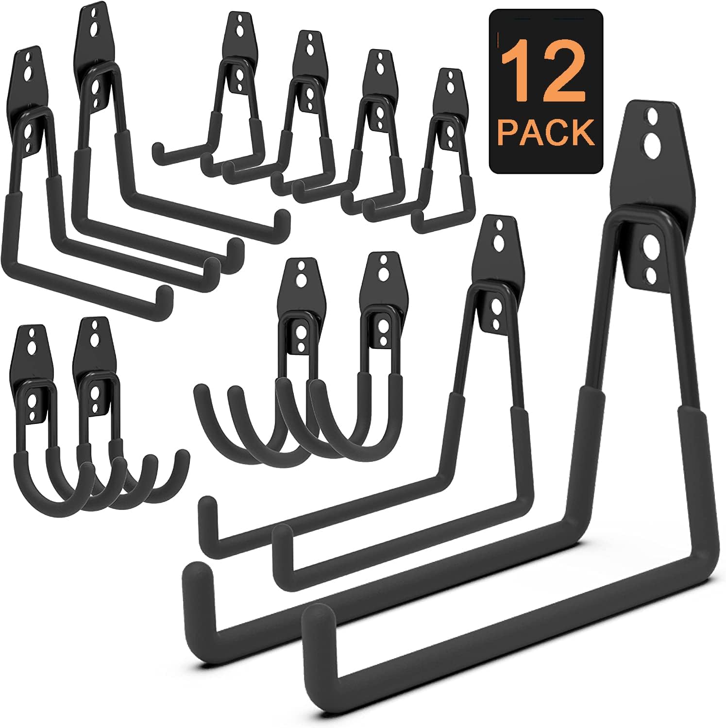 U-HOOME Garage Hooks Heavy Duty 12 Pack, Utility Steel Wall Hooks Rack Garden Tool Organizer Garage Organization Hooks Wall Hanger Bike Hooks for Garage Storage Ladders,Bikes and Broom Holder (Black)
