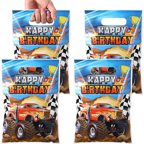 Seajan 50 Pieces Monster Truck Party Favor Bags Racing Car Candy Goody Treat Plastic Gift Bags with Handles for Monster Truck Birthday Party Decorations Supplies