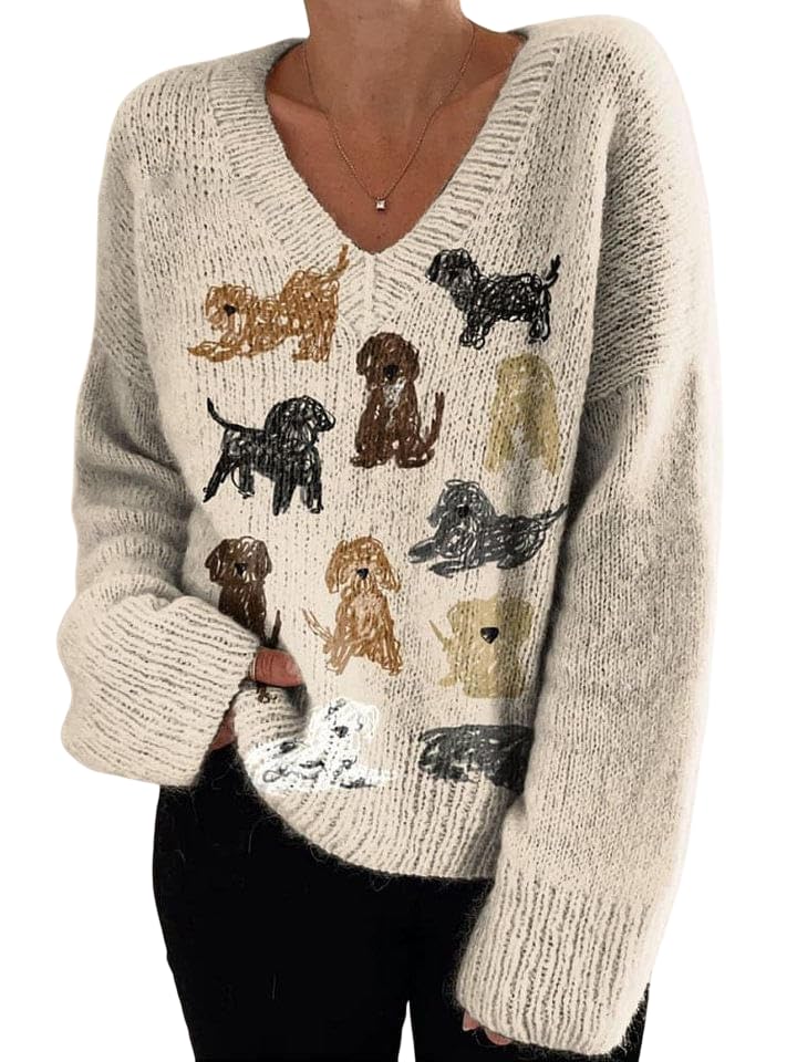 V-Neck Knitted Sweaters for Women Cozy Fall and Winter Knitwear with Animal Floral and Holiday Prints