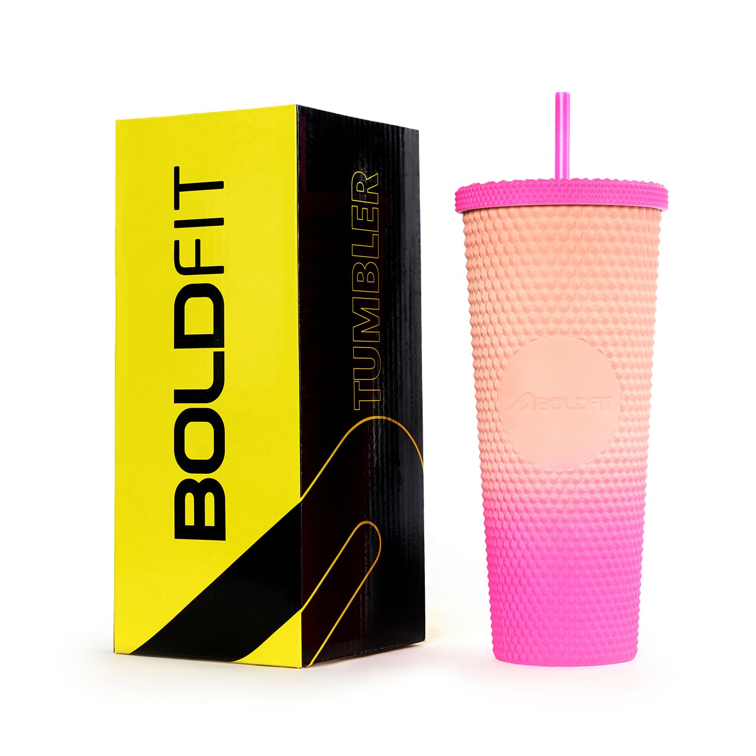 Boldfit Tumbler Water Bottle with Lid & Straw Double Walled BPA Free Plastic Sipper for Girls & Women Leakproof Travel Mug for Office & Gym Studded Cup Tumblers, Pink- 800ml