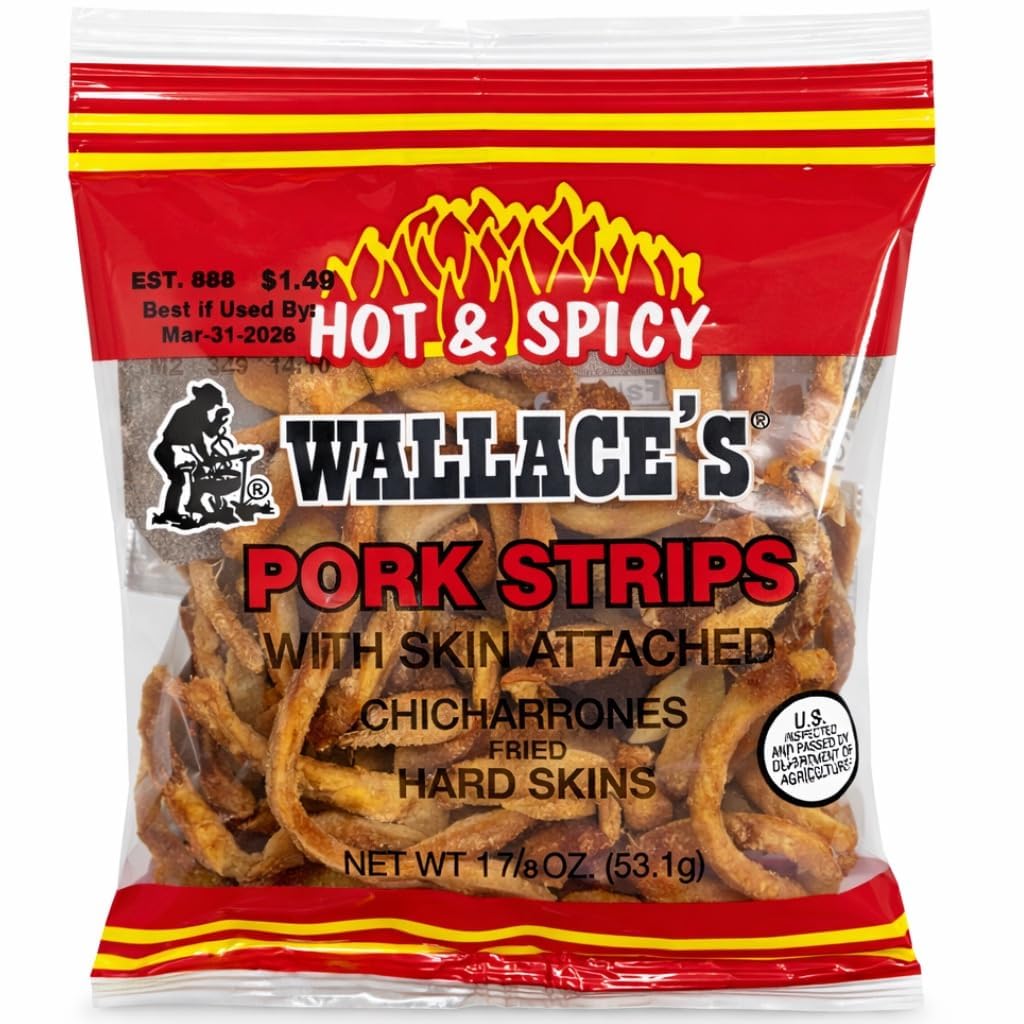 Wallace's Tasty Red Pepper Seasoned Pork Strips with Skin Attached, Chicharrones Fried Hard Skins, 1.875 Ounce (18 Count) (1.875 Ounce (18 Count), Hot & Spicy)