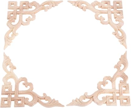 MUXSAM 4Pcs Wood Carved Furniture Corner Applique Square Hollow Design Wooden Decals Decor for Door Wall Ceilings Cabinet Cupboard, Home Ornamental 15x15cm/5.91"x5.91"