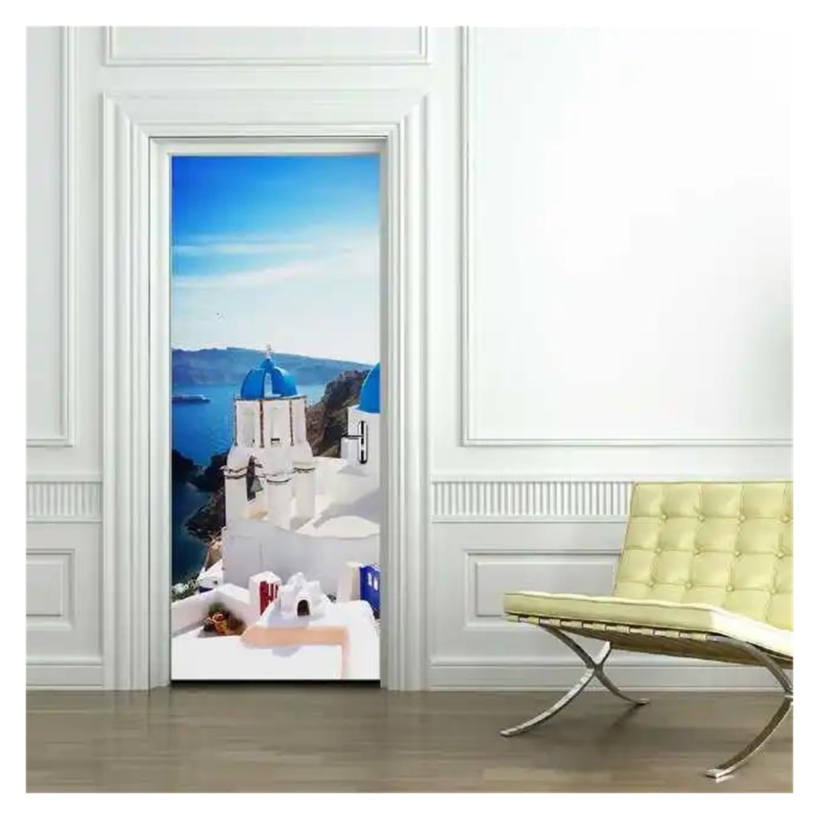 Papier Peint Ville Grecque Bleu Blanc pour Décoration de Porte de Chambre XENITE