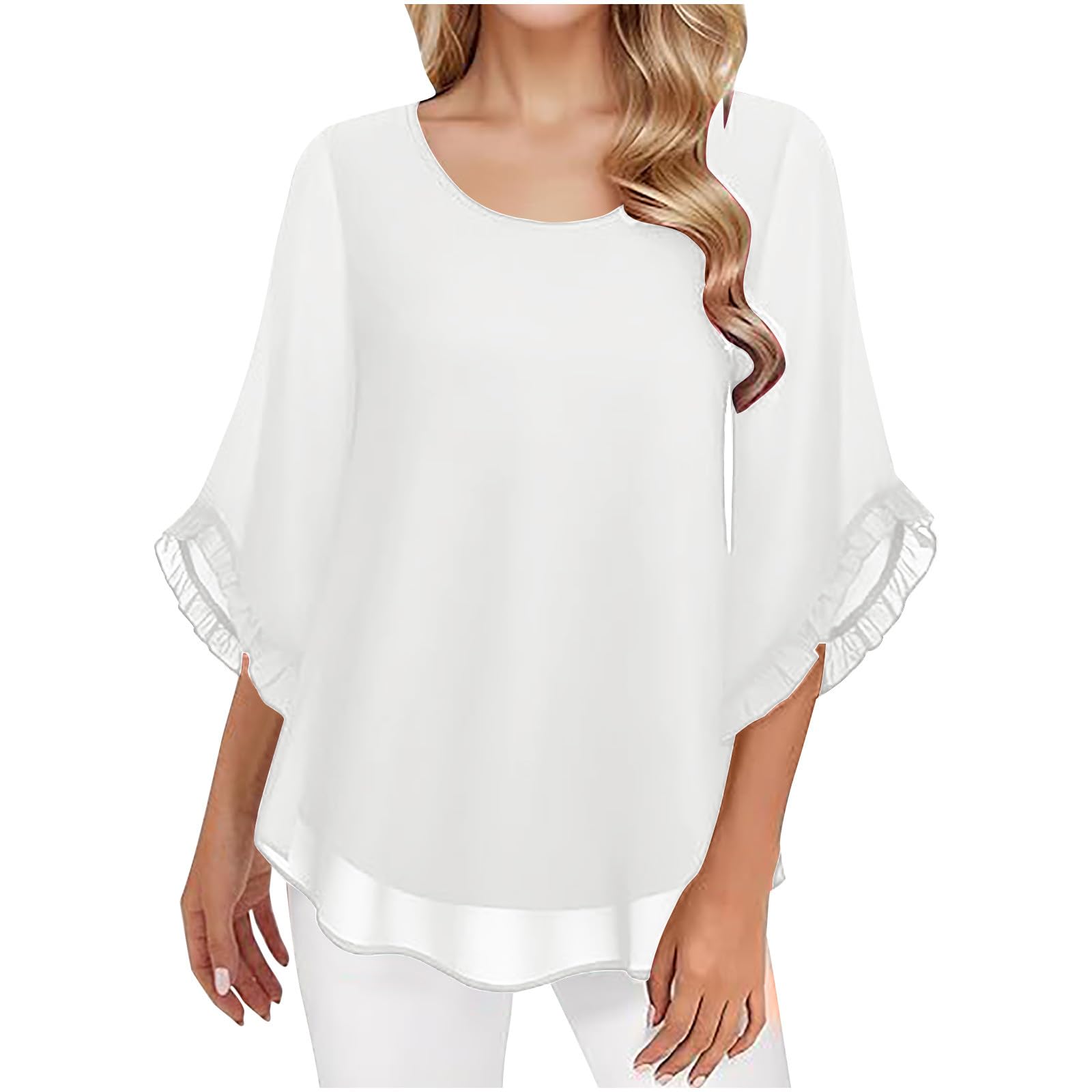 Generic Blusa casual de verano para mujer, de gasa de doble capa, cuello redondo, con volantes, cómoda, elegante, de manga 3/4, color liso