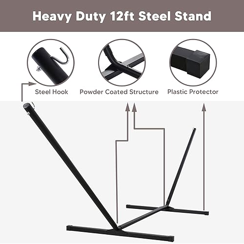 Miniatura 7 de SUNCREAT Hamaca doble con soporte incluido, hamaca portátil al aire libre con soporte, rayas grises claras