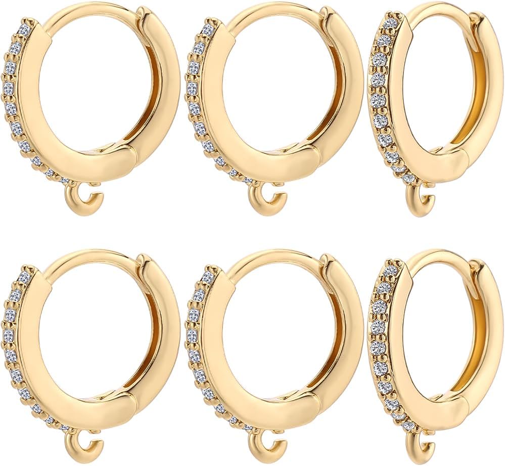 Beebeecraft 1 Box 12Pcs Round Leverback Hooks 18K Gold Plated Cubic Zirconia Huggie Hoop Earrings Findings French Ear Wires Hoops with Loop for DIY Jewellery Making