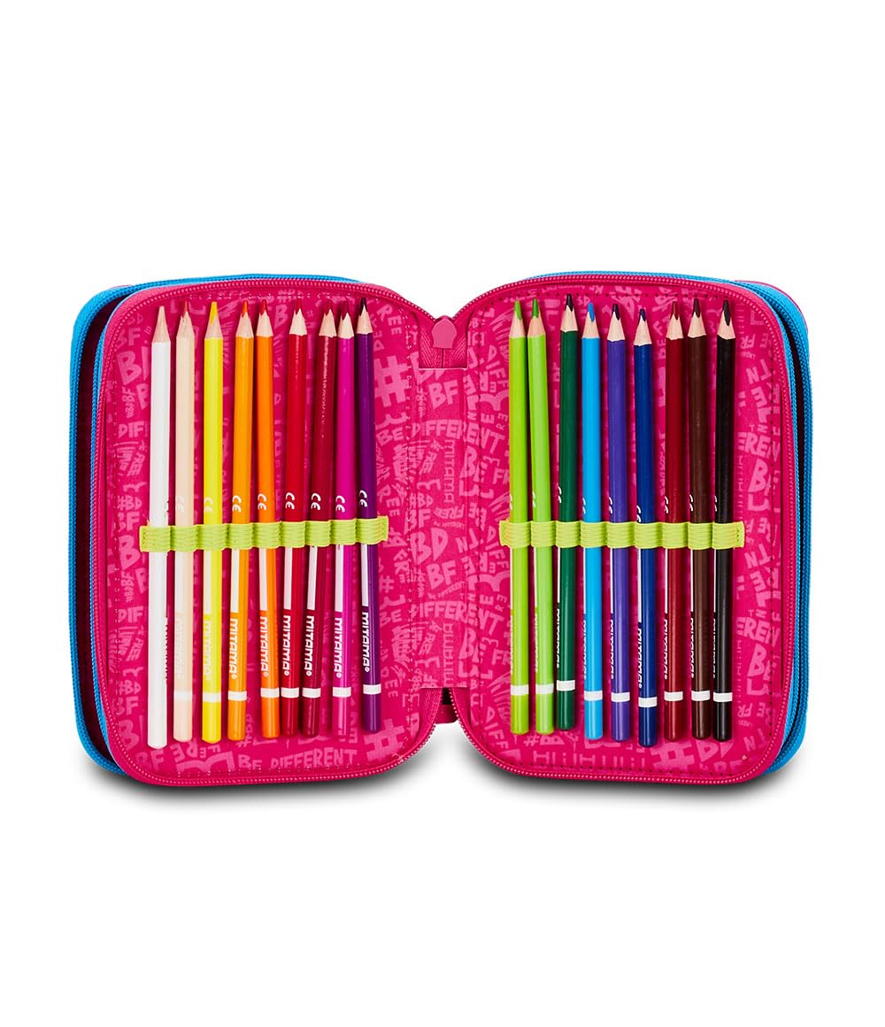 Mitama Estuche Escolar con 3 Compartimentos, Butterfly, Contenido 47 Piezas, Completo de lápices, rotuladores, portalápices Escuela Primaria niña, Rosa, Talla única, Butterfly