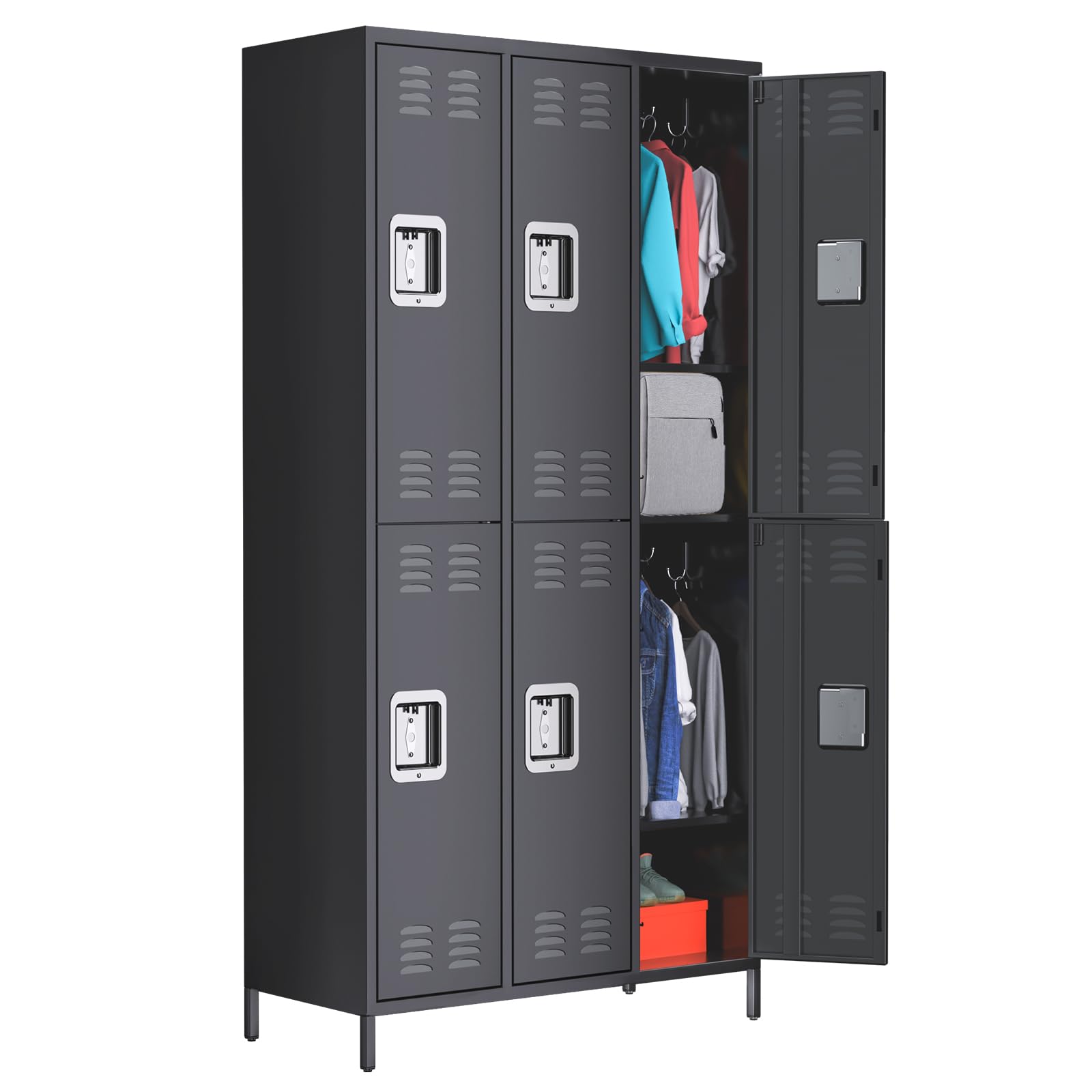 MERXENG Metal Storage Locker with 6 Doors, Metal Locker for Employees with 18 Hooks for Garage School Office Gym Home, Assembly Required, Black