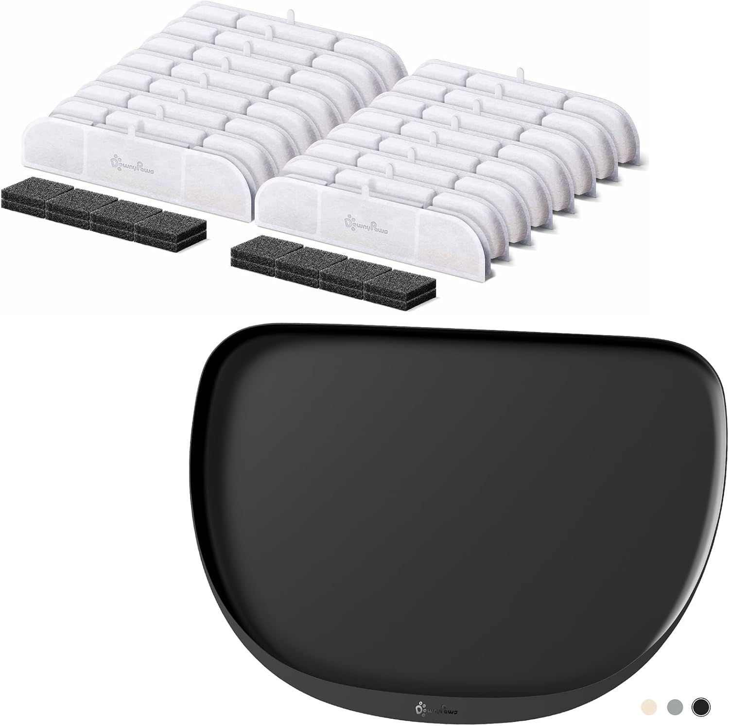 DownyPaws 16 Packs Replacement Filters for Battery Operated Cat Water Fountain DPWFP6 Fursink and Pet Feeding Mat with High Raised Edge, Cat Placemat for Messy Drinkers, 18"×12.5", Black