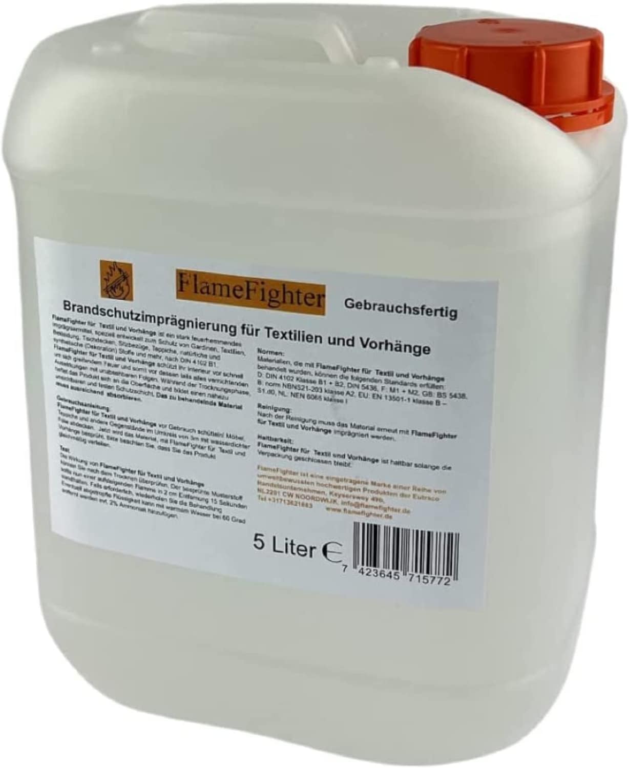 FlameFighter Imprégnation Ignifuge 5 litres Textiles Rideaux Protection Incendie DIN 4102 B1