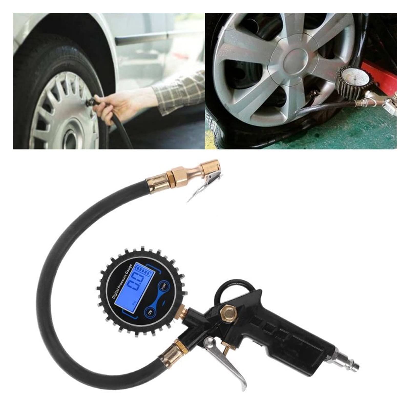 Inflador de neumáticos de Aire para automóvil con manómetro Digital Tipo de Manguera de Mandril de Aire de 200 PSI (Negro)
