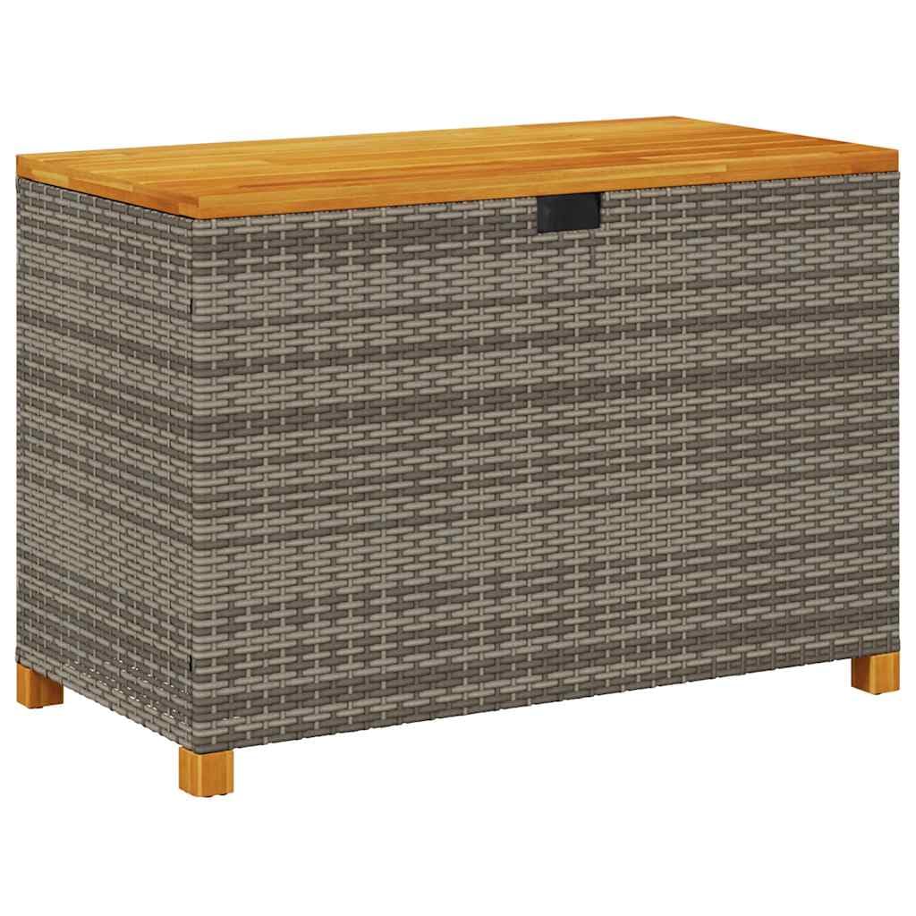 Skrzynia ogrodowa, szara, 110 x 55 x 63 cm, polirattanowa z blatem z drewna akacjowego, wodoodporna skrzynia ogrodowa z pokrywką, pudełko do przechowywania na taras i balkon, odporna na