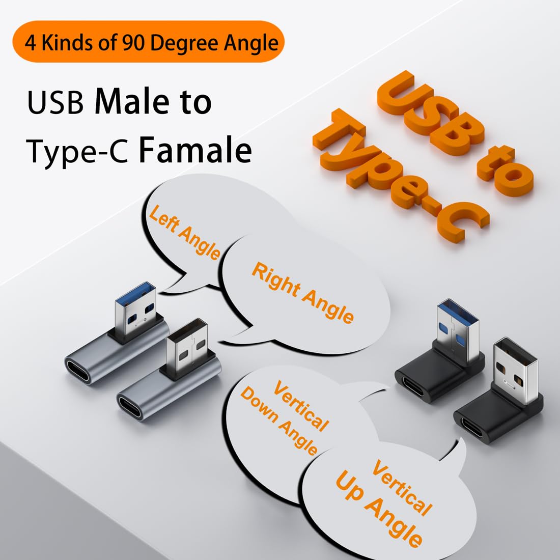 PROVIVID 4 Kinds 90 Degree Adapter USB A Male to USB C Female, Vertical Up & Down,Left & Right Angle USB 3.0 to Type C Cable Connector Support Unidirectional Sides, for Laptops/Phone/Tablet/PC