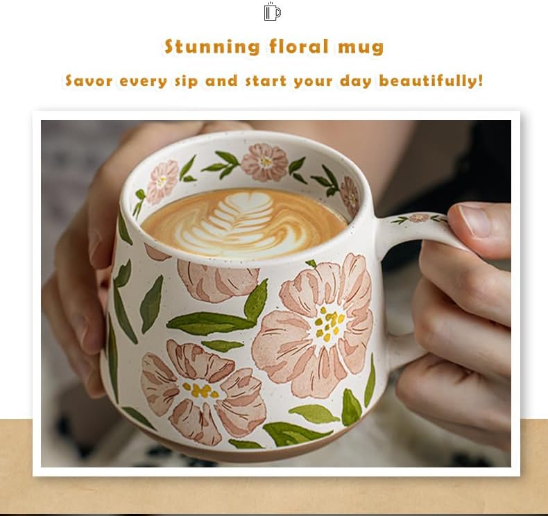 Ceramic Coffee Mug, 13oz Floral Design Pottery cute mugs, Ideal Gift for Women unique vintage pretty coffee mugs (Pink Flower) - Image 4