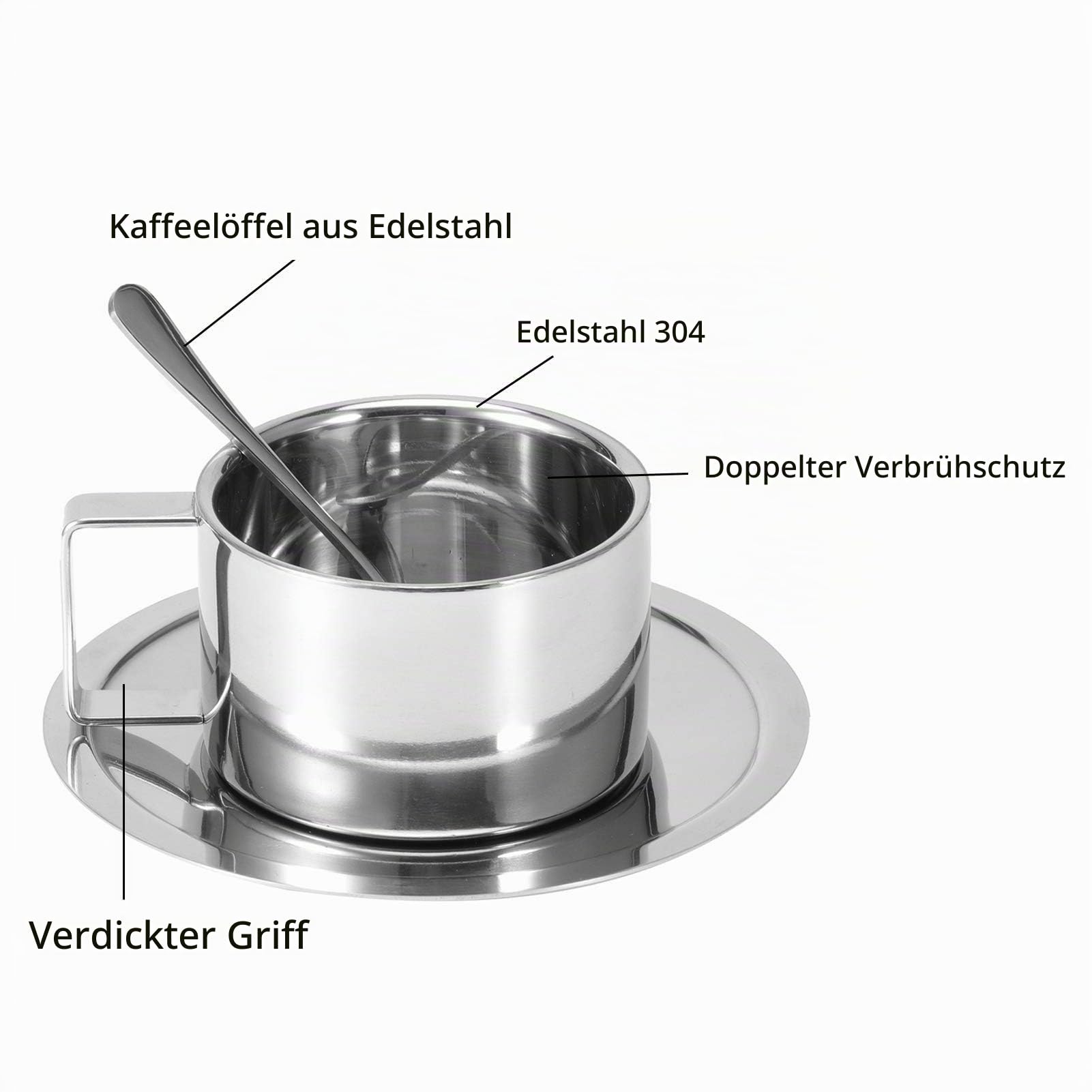 4 Stück Edelstahl Kaffeetassen Set 200ml Doppelwandig Kaffeetassen Metall Espresso Tasse Espressotassen Isolierbecher mit Löffel und Untertasse für Kaffee, Latte, Tee, Milch | Doppelwandige Metallbecher aus Metall, Espresso-Teetassen-Set mit Untertasse, G