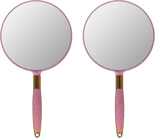 Espejo de mano, espejo de mano con asa, espejo de mano de peluquería para peluquería para peluquería para salón de 6.9 x 13 pulgadas, color rosa,