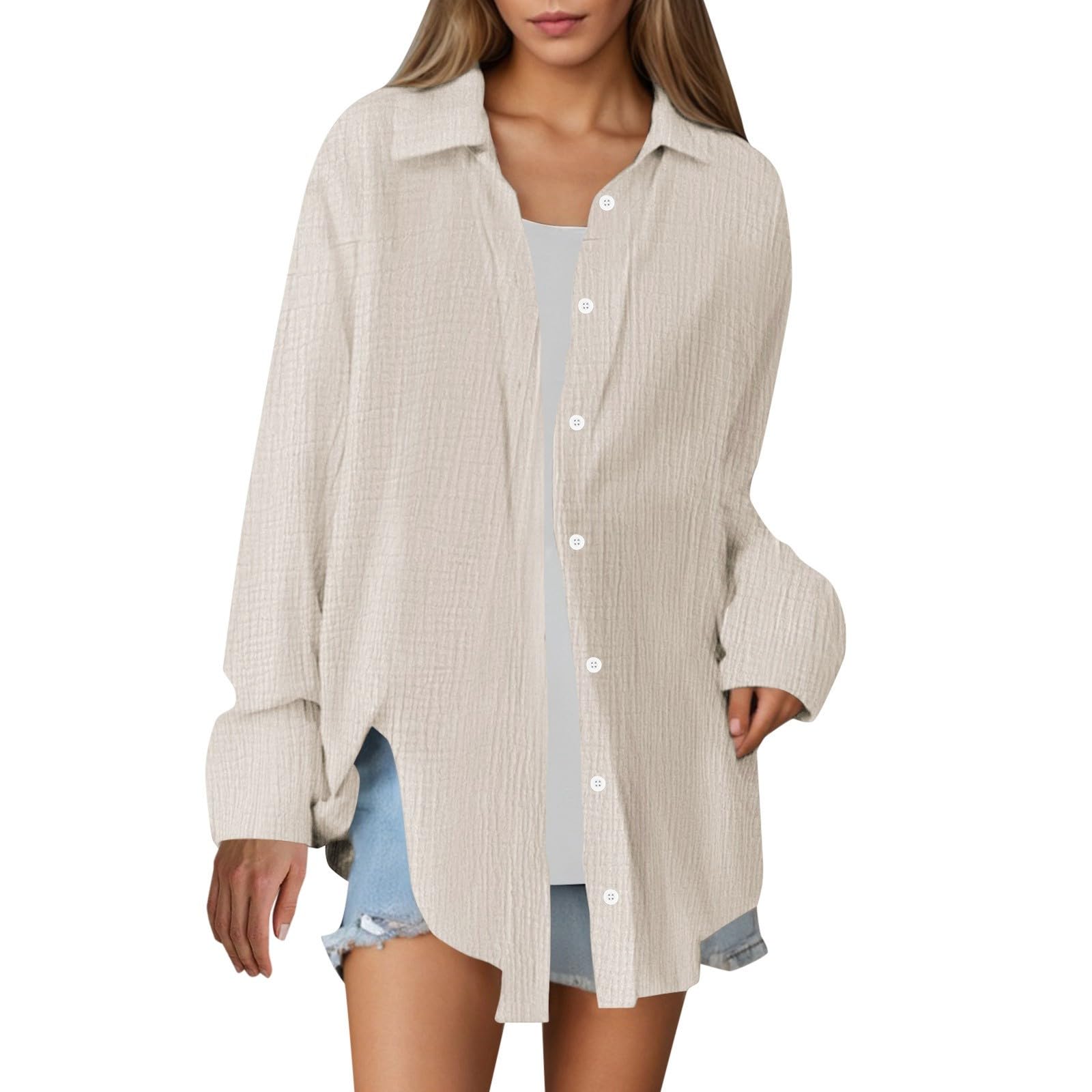 Generisch Musselin Pyjama Damen, Musselin Bluse Damen Langarm Elegant Leicht Oversize Tuniken Einfarbig Lässiges Hemd Sommer Oberteile