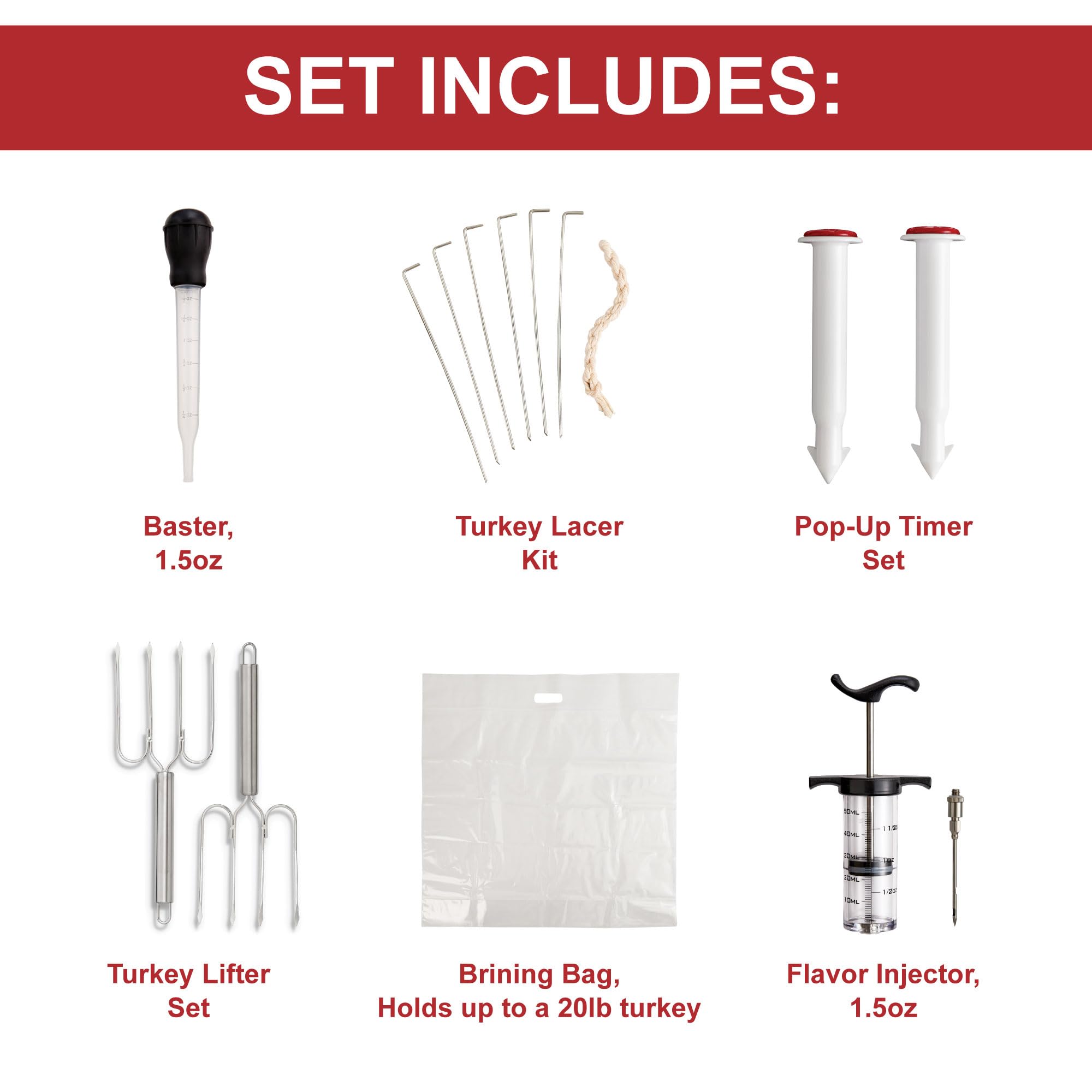 HIC Kitchen 20-Pound Turkey Prep Kit with Brining Bag, Flavor Injector, Lacers, Pop Up Timers, Baster, and Lifter Forks