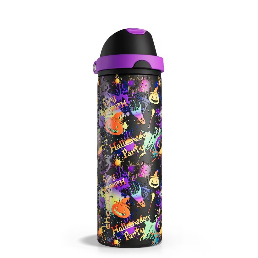 Insulated Water Bottle with Straw - Encool Stainless Steel Water Bottle with Push Button Lid, Leak-Proof &amp; BPA-Free, Keeps Cold for 24 Hours for Sports, Travel, Gym (24 oz, Ghost Party)