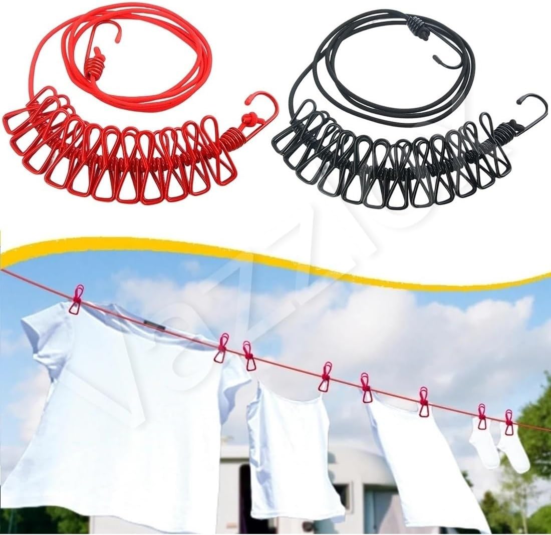 VazzLoxCloth Drying Rope with Hooks (Pack of 1) Elastic Cloth Hanging Rope for Cloth Drying with 12 Clips Cloth Rope for Drying Clothes for Travel Home Outdoor Kapde Sukhane ki Rassi Wire -Multicolor