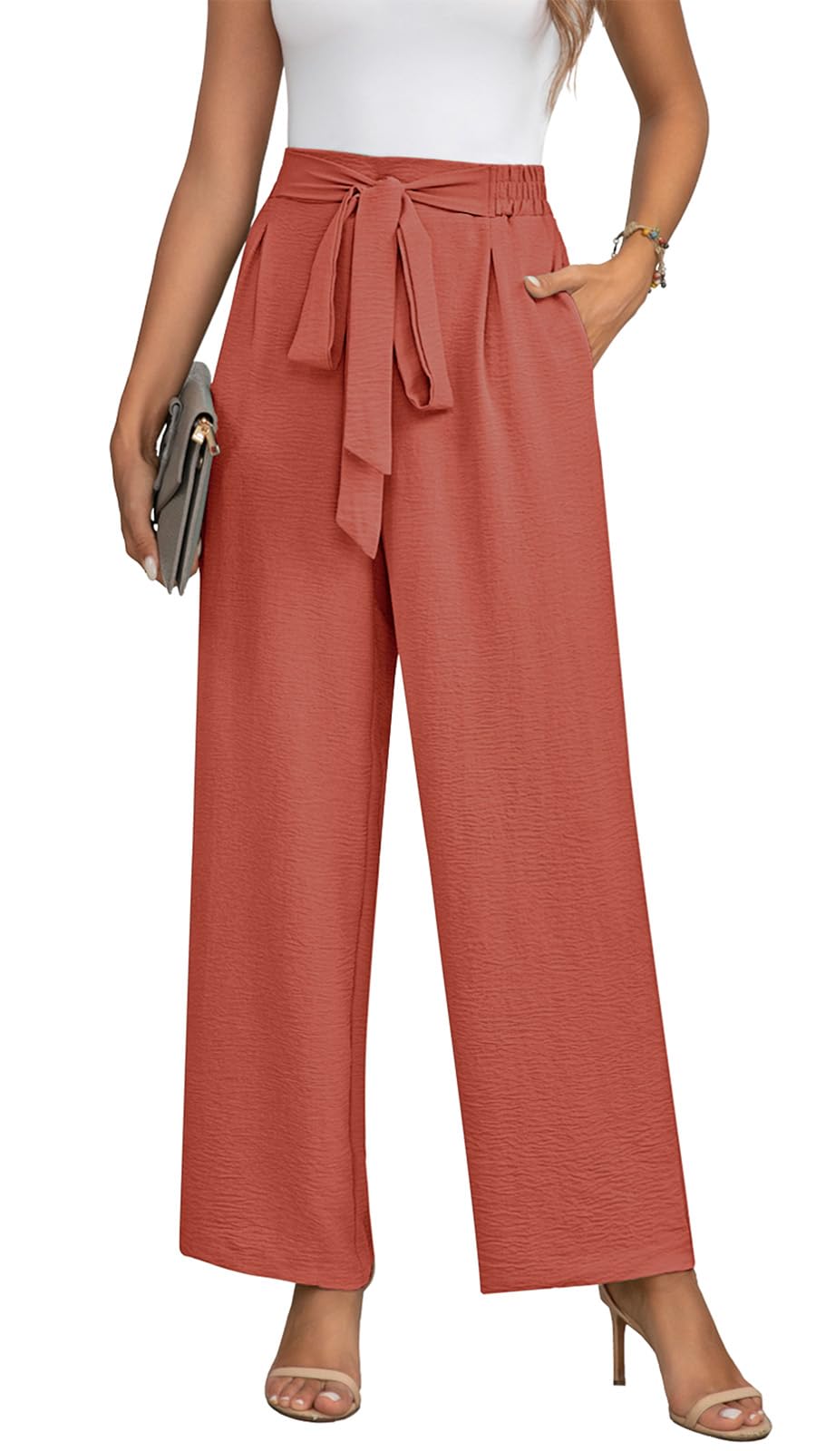 Askyes Womens Wide Leg Lounge Pants with Pockets Casual Lightweight High Waisted Adjustable Tie Knot Loose Troursers