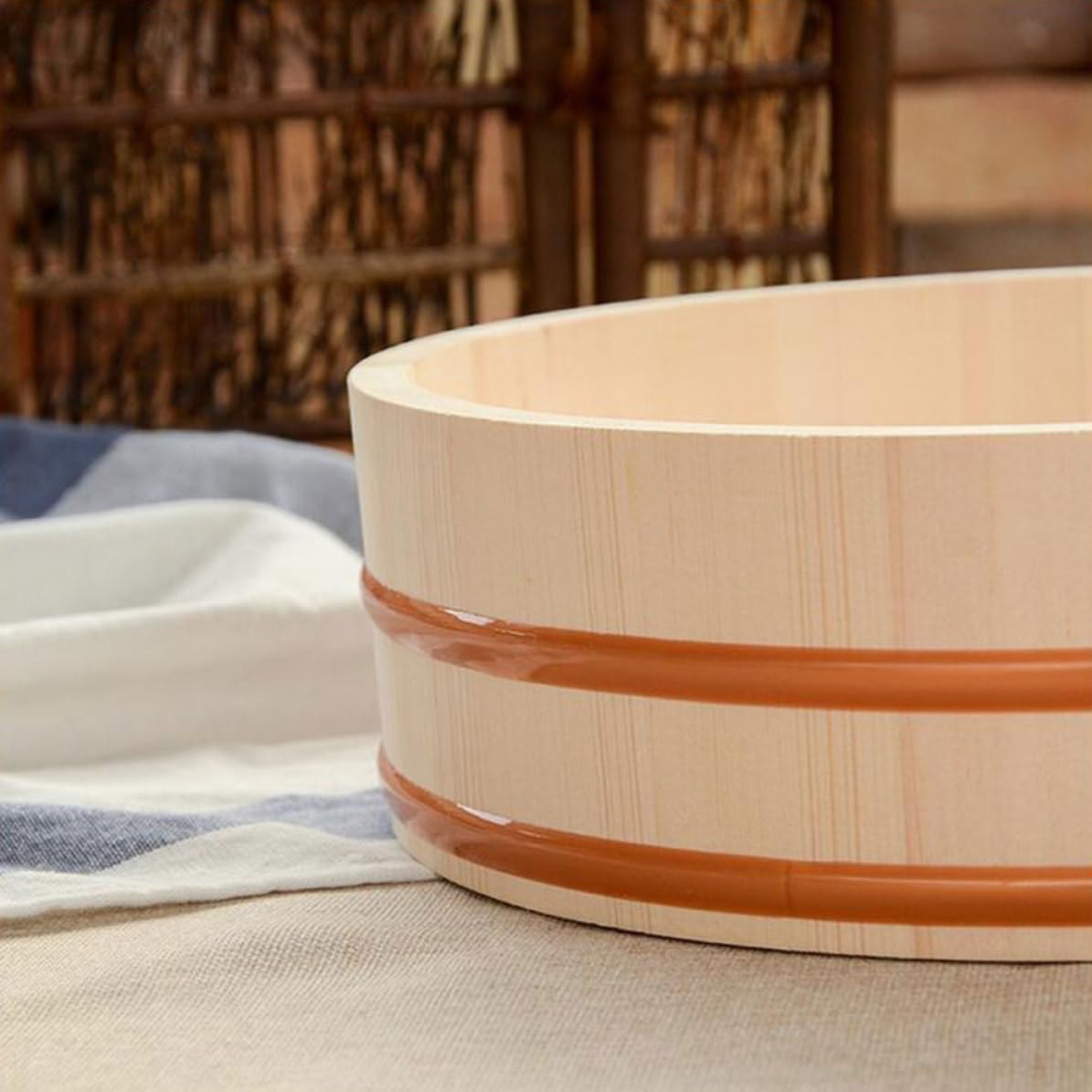 Seau à Sushi Rond en Bois et Cuivre, Grand Format Cuisine Japonaise