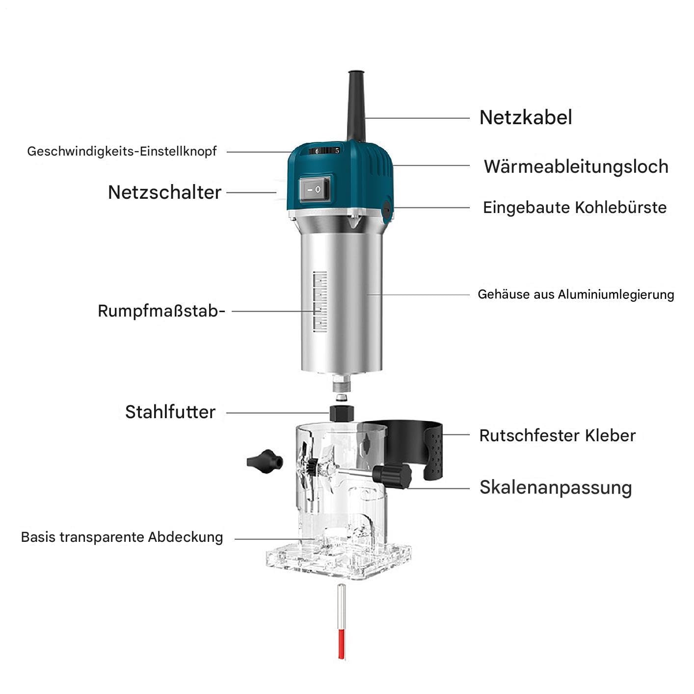 Fresa verticale da 800 W, fresatrice elettrica per legno, fresatrice per bordi in legno, 220 V, 6 velocità, 40000 giri/min, in alluminio (scatola di carta) + 1 coltello dritto + 15 pezzi
