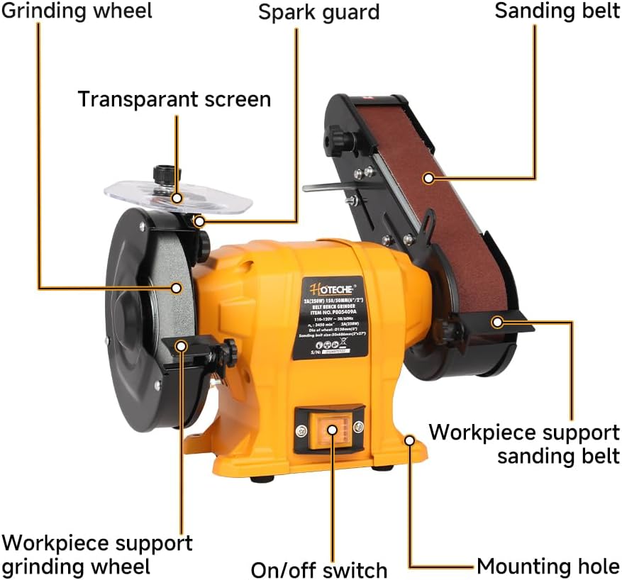 Hoteche 6" Bench Grinder & 2" x 27" Belt Sander Combo - 250W Dual Power Tool for Metal/Wood Grinding, Sharpening & Sanding