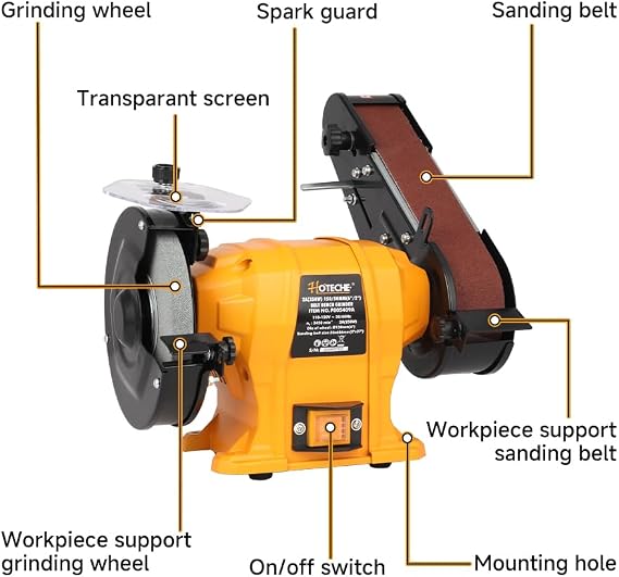 Hoteche 6 Bench Grinder & 2 x 27 Belt Sander Combo - 250W Dual Power Tool for Metal/Wood Grinding, Sharpening & Sanding