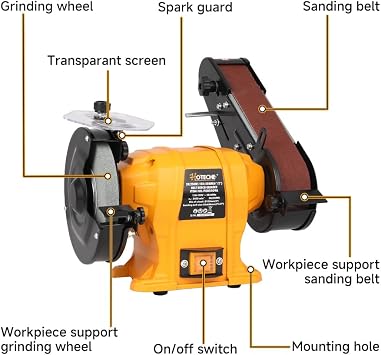 Hoteche 6 Bench Grinder & 2 x 27 Belt Sander Combo - 250W Dual Power Tool for Metal/Wood Grinding, Sharpening & Sanding