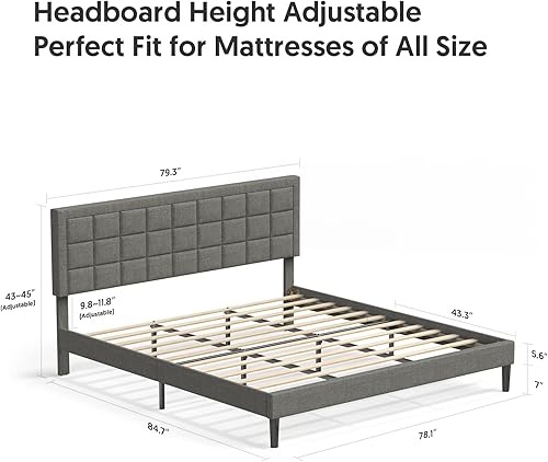 Miniatura 3 de Nazhura Marco de cama tamaño King tapizado moderno de perfil bajo con cabecera copetuda no necesita somier tapicería de tela de lino gris carbón