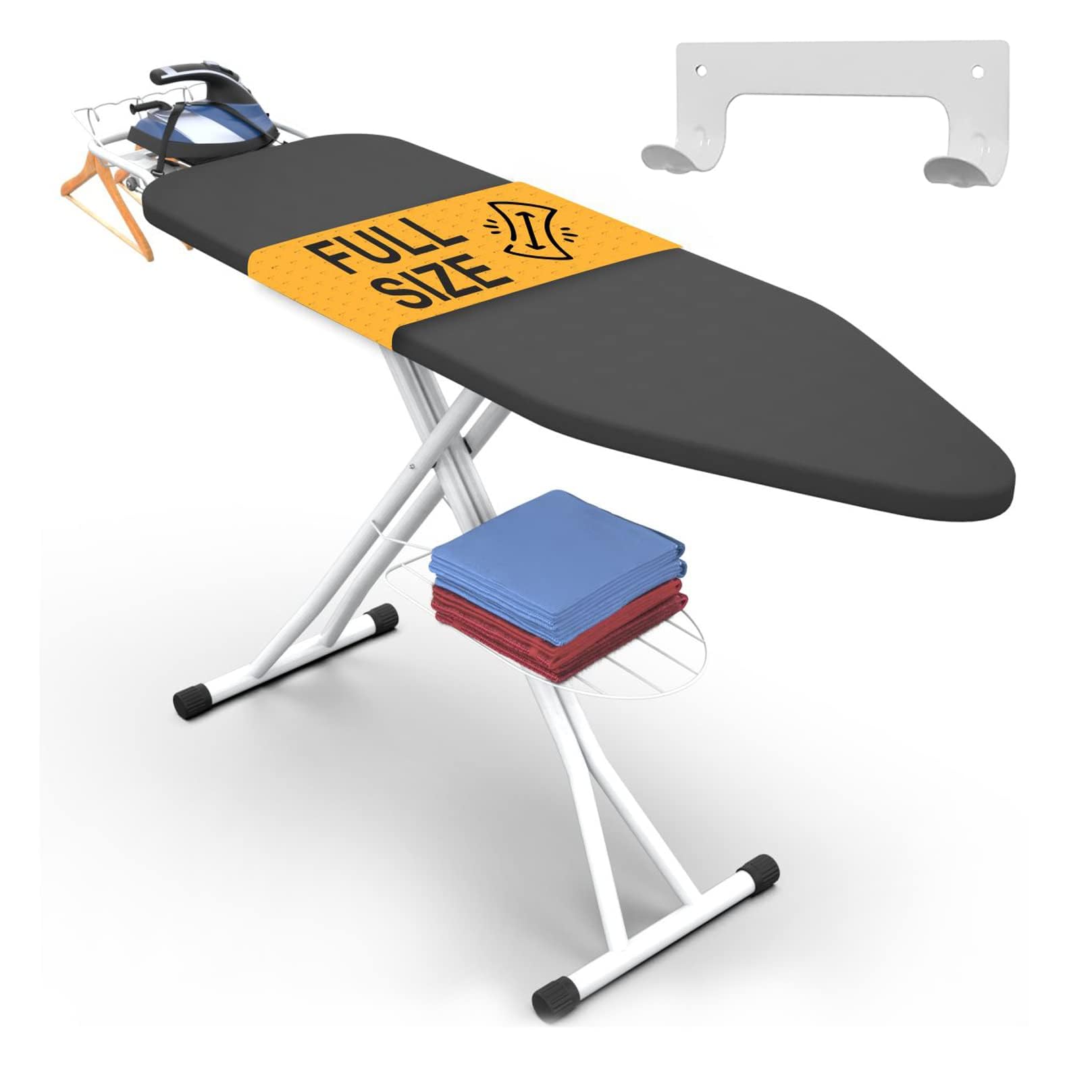 xabitat full size ironing board 57" x 13" with wall mount hanger, full metal construction iron board, built in iron caddy, heat & scorch resistant fabric, cord holder, anti-skid feet, heavy duty