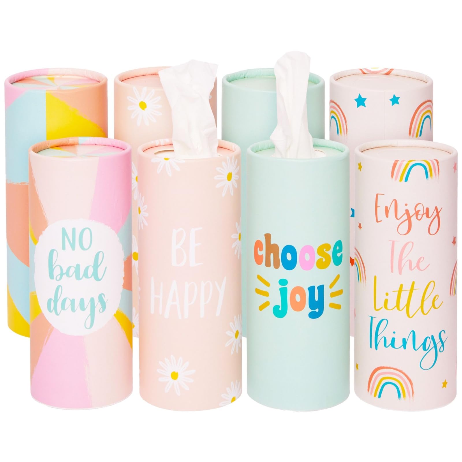 Sparkle and Bash Round Tissue Boxes for Car Cup Holder - Travel Size Refill Cylinder, 4 Motivational Quote Designs (50 Tissues Per Container)