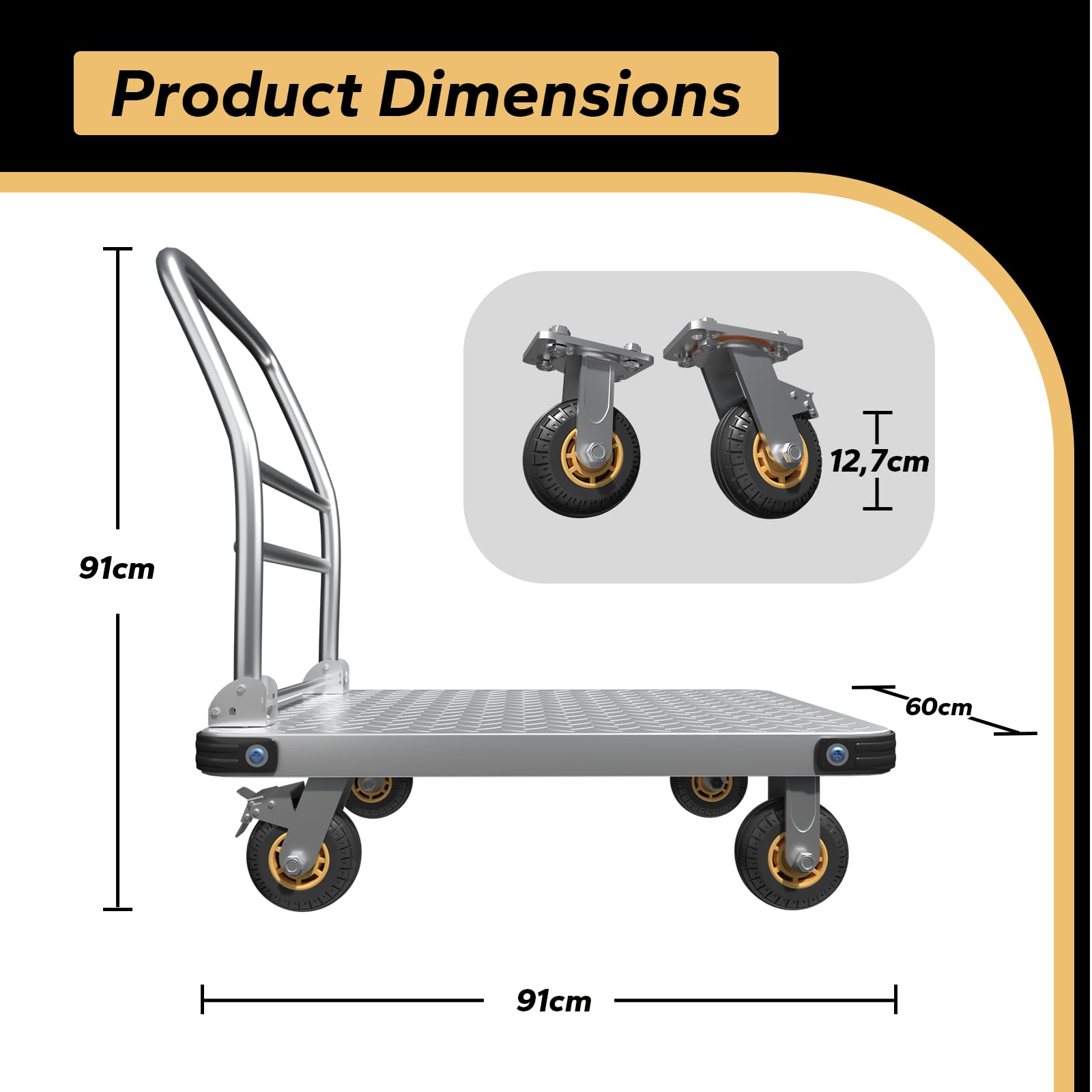 Klappbarer Plattformwagen 900 kg Traglast, Transportwagen mit 12,7 cm Bremsrädern, 91x60 cm Rollwagen Klappbar für Lager, Möbel & Haushaltsgeräte, Silber