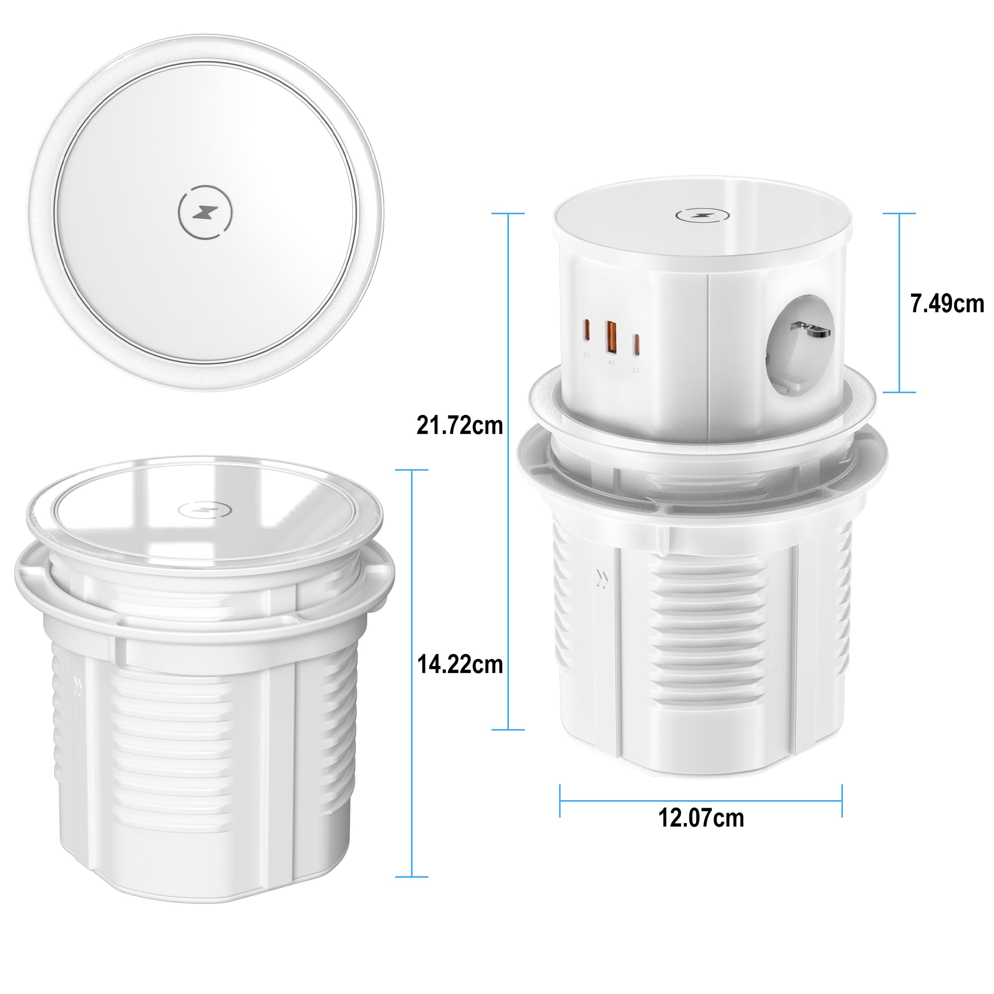 Jgstkcity Versenkbare Tischsteckdose 3-Fach mit 65W USB‑C PD, Weiß | Einbau Steckdose mit 3 USB-Ports & 15W kabellosem Laden, Ø120mm Einbauausschnitt für Arbeitsplatte, Küche & Büro