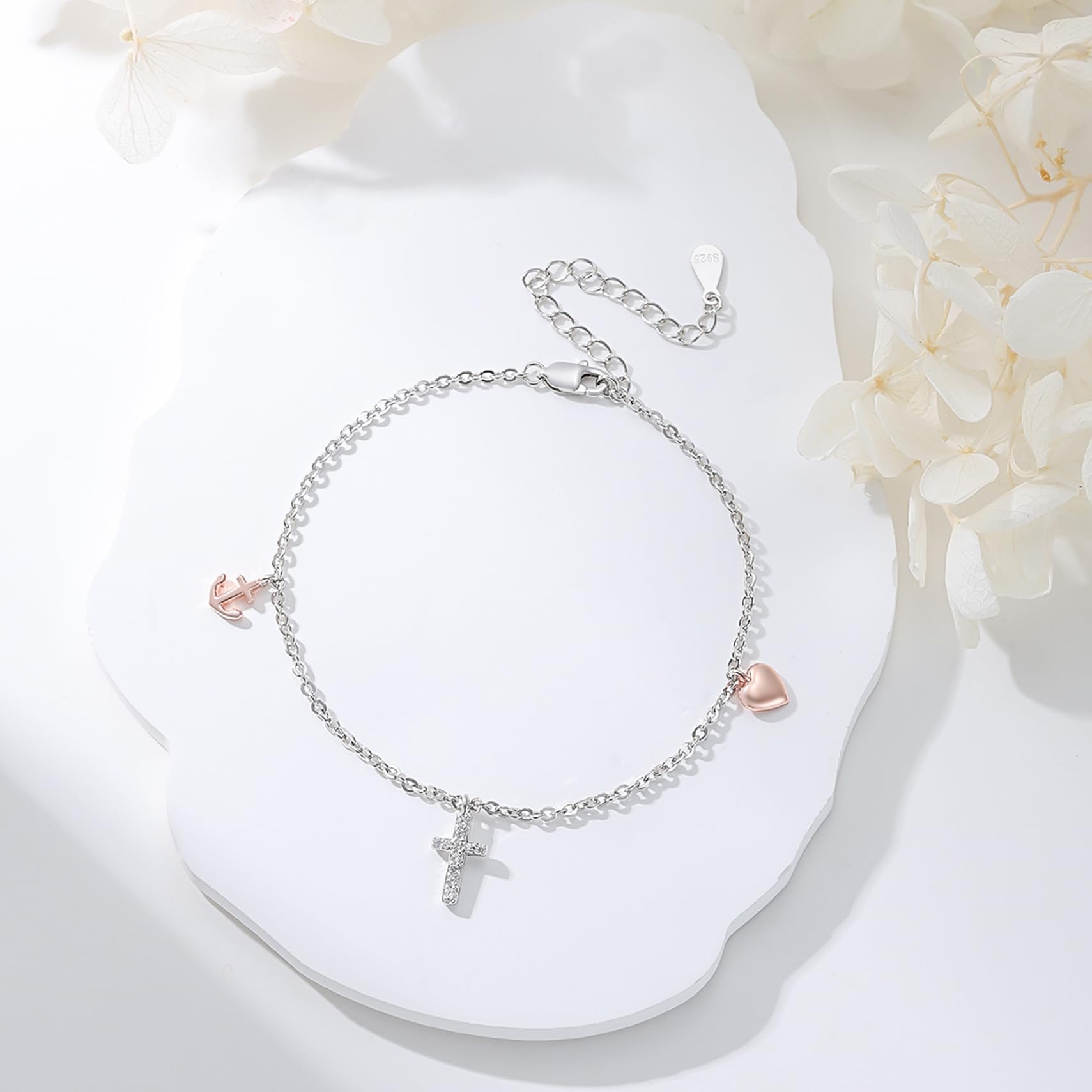 OHAYOO Armband Kreuz Damen 925 Sterling Silber Rosegold Anker Herz Armband Schmuck Geschenke für Freundin Frauen Mädchen Mama