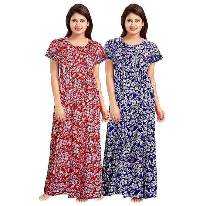 Image of CHICME Women's Cotton Printed Maxi Nighty - Pack of 2 Soft Breathable Ankle-Length Night Dresses for Women | Free Size Sleepwear Gowns | Comfort Loungewear Sleepwear