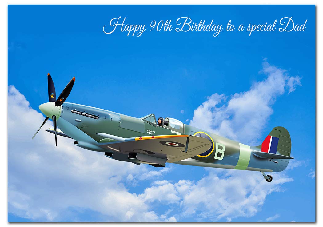 Extra Large Dad 90th Birthday Card - XL Big thick A4 size - Cool WW2 Spitfire Airplane Plane Art - Special Age Year Traditional Greeting - Huge Happy Wishes Him Men Male - UK Eco-Friendly — image 1