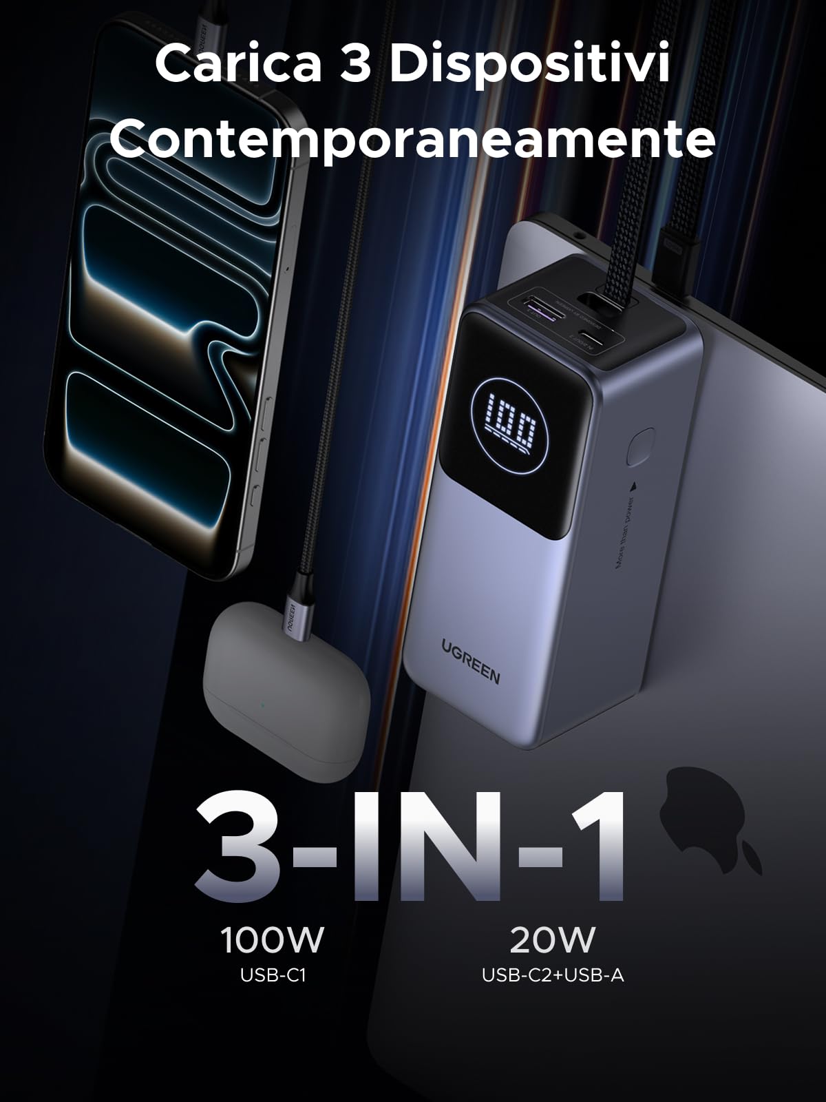 UGREEN Nexode Pro 130W Power Bank 20000mAh Caricatore Portatile PC PD 100W | Ricarica Rapida, 3 IN 1, Cavo USB C Integrato, 2 Porte 1C1A, Compatibile con iPhone 17 16 15 Galaxy S26 S25 S24 iPad