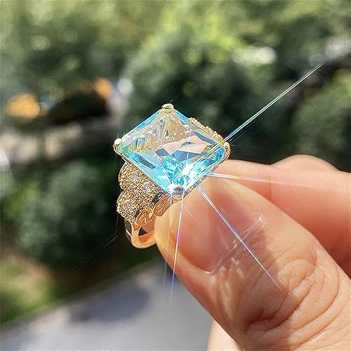 Miniatura 4 de Anillo de piedra de nacimiento de aguamarina azul de corte cuadrado perfecto chapado en oro amarillo de 18 quilates con circonita cúbica AAA, anillo