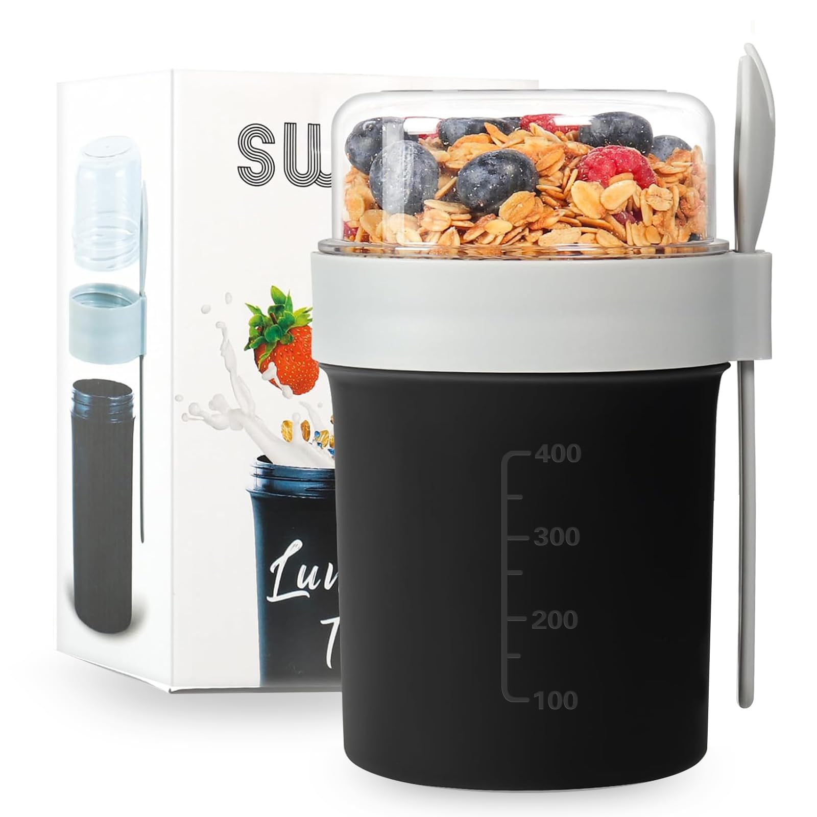Swkien Müslibecher to go mit Löffel - Auslaufsicherer Joghurtbecher to go mit Unterteilung (560ml + 220ml) - Spülmaschinengeeignet & BPA-Frei - für Büro, Fitness, Schule, Reise - Schwarz