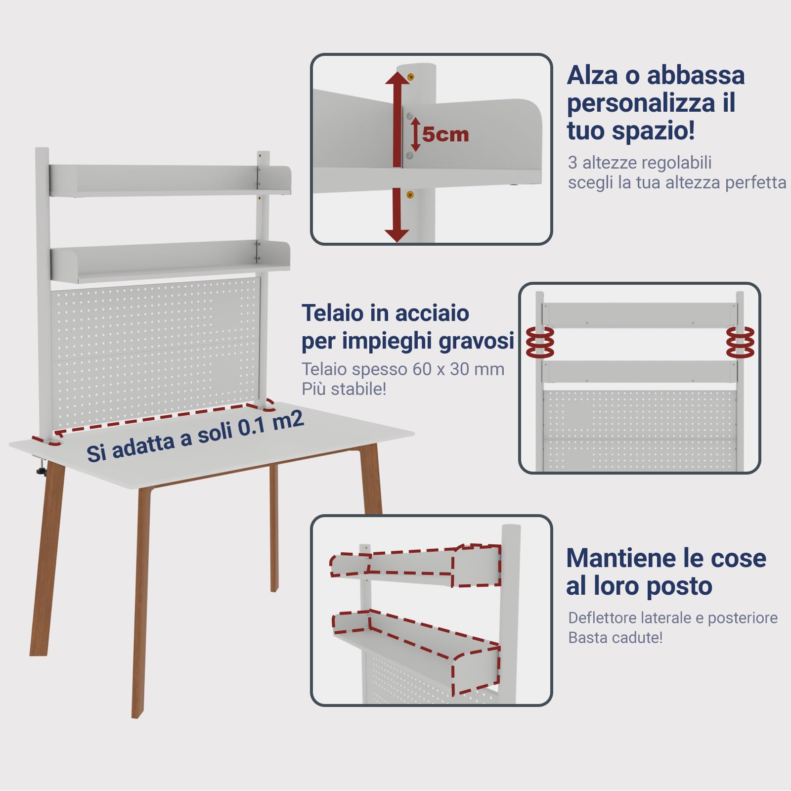 Scaffale da scrivania a 2 ripiani con morsetto, bianco, 80 cm, organizer da scrivania con pannello forato, libreria per casa, ufficio o dormitorio